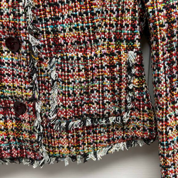 Emil Rutenberg Silk Tweed Jacket, Cropped Red Plaid Coat, Fringe, Size S - Picture 4 of 13